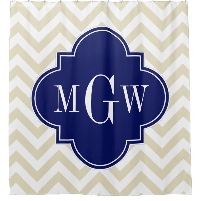 Beige White LG Chevron Navy 3IH Monogram Shower Curtain (Front)