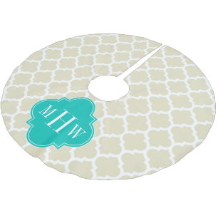 Beige White LG Chevron Teal Name Monogram Brushed Polyester Tree Skirt