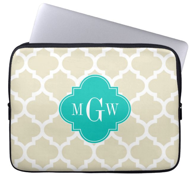 Beige White LG Chevron Teal Name Monogram Laptop Sleeve (Front)