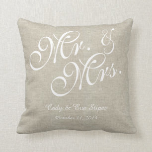 Beige White Linen Mr. and Mrs. Wedding Pillow