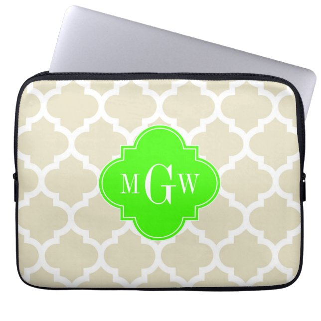 Beige, White Moroccan #5 Lime 3 Initial Monogram Laptop Sleeve (Front)