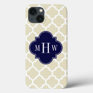 Beige, White Moroccan #5 Navy 3 Initial Monogram iPhone 13 Case