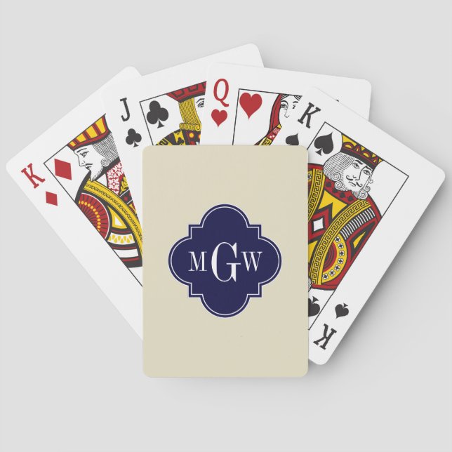 Beige, White Moroccan #5 Navy 3 Initial Monogram Playing Cards (Back)