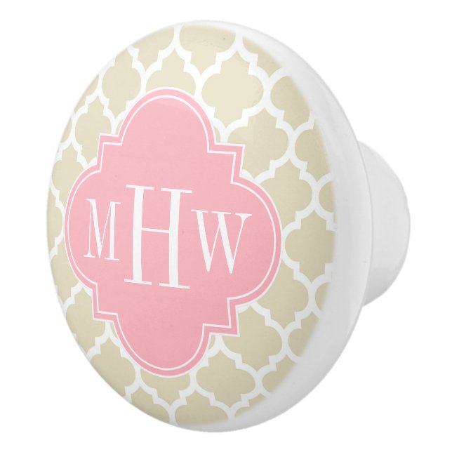 Beige, White Moroccan #5 Pink 3 Initial Monogram Ceramic Knob (Right)