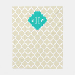 Beige White Moroccan #5 Teal 3 Initial Monogram Fleece Blanket