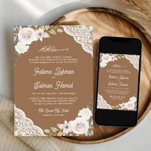 Beige White Roses Lace Islamic Muslim Wedding Invitation