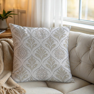 Beige & White Sparkling Quatrefoil Pattern Cushion