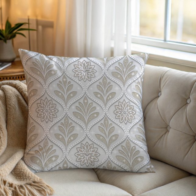 Beige & White Sparkling Quatrefoil Pattern Cushion (Creator Uploaded)