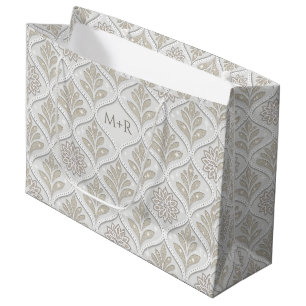 Beige & White Sparkling Quatrefoil Pattern Large Gift Bag