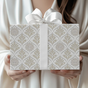 Beige & White Sparkling Quatrefoil Pattern Wrapping Paper