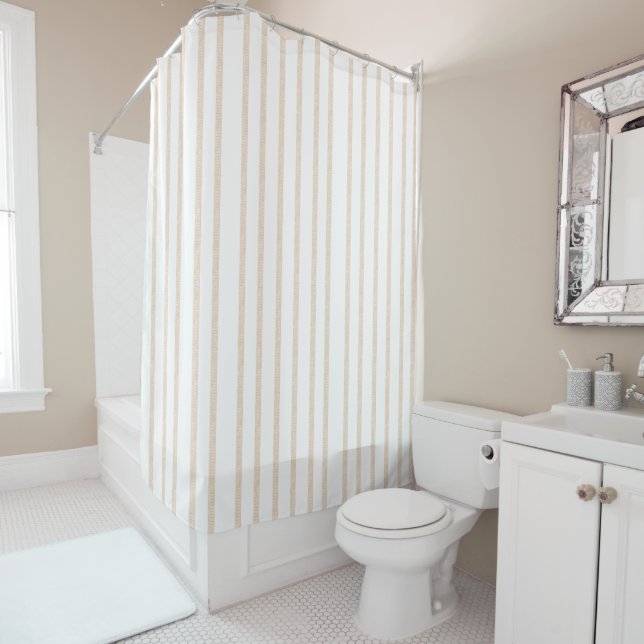 Beige & White Stripe Shower Curtain (In Situ)