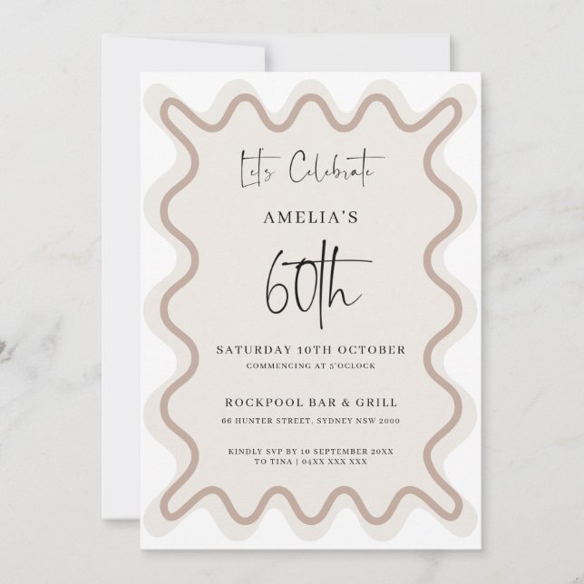 Beige White Wavy Border 60th Birthday Invitation (Front)