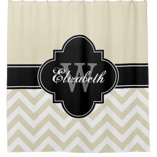 Beige Wht LG Chevron Black 1ICBR Name Monogram Shower Curtain (Front)