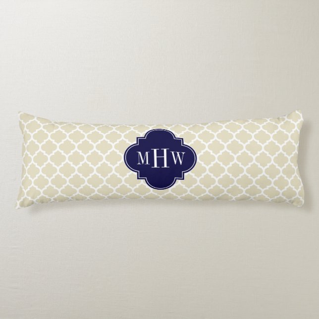 Beige Wht Moroccan #5 Navy Blue 3 Initial Monogram Body Cushion (Front)
