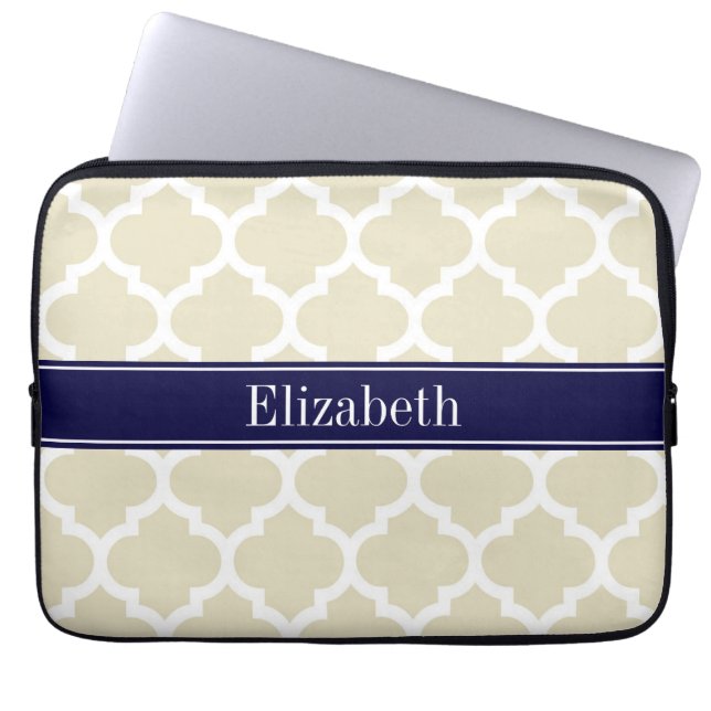 Beige Wht Moroccan #5 Navy Blue Name Monogram Laptop Sleeve (Front)