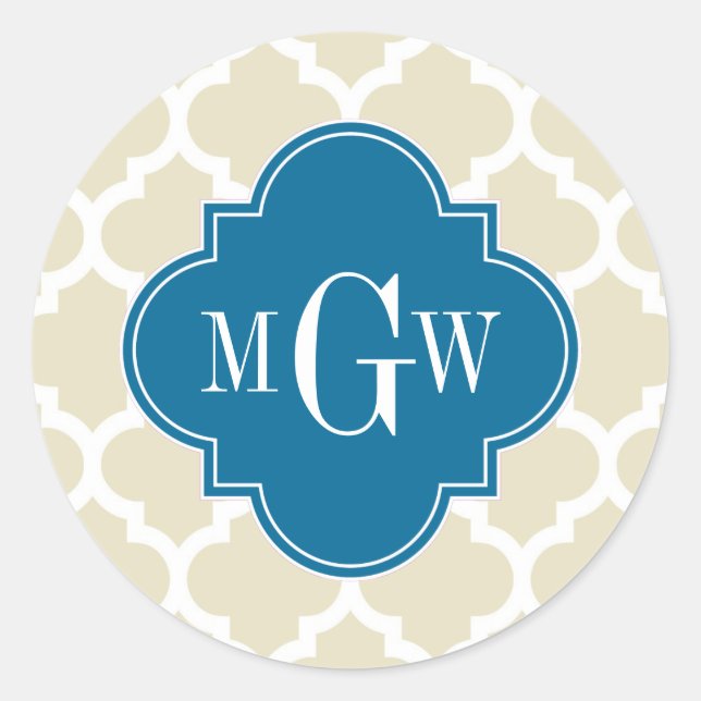 Beige Wht Moroccan #5 Peacock 3 Initial Monogram Classic Round Sticker (Front)