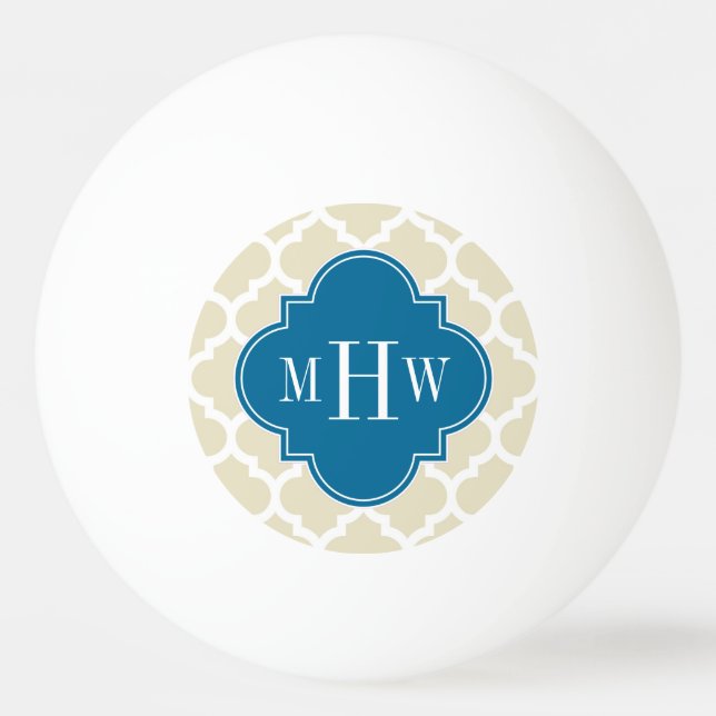 Beige Wht Moroccan #5 Peacock 3 Initial Monogram Ping Pong Ball (Front)