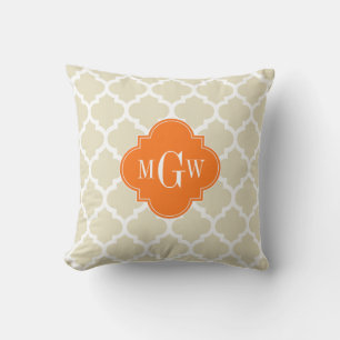 Beige, Wht Moroccan #5 Pumpkin 3 Initial Monogram Cushion