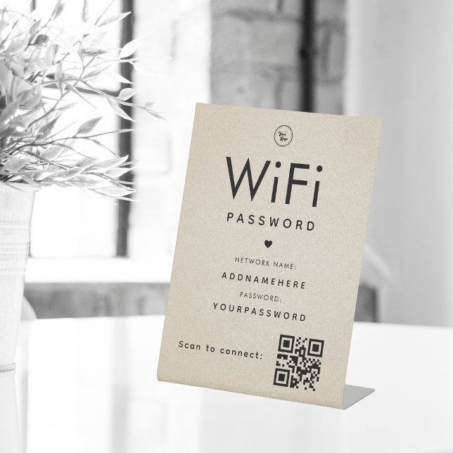 Beige WiFi Password Code Business Logo QR Code Pedestal Sign (Creator Uploaded)