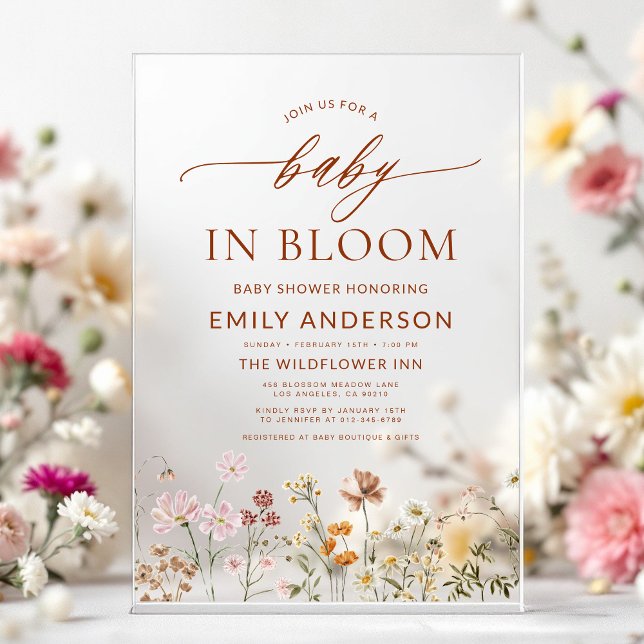Beige Wildflower Baby in Bloom Baby Shower Acrylic Invitations (Creator Uploaded)