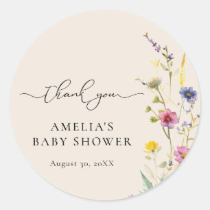 Beige Wildflower Floral Baby Shower Thank You Classic Round Sticker