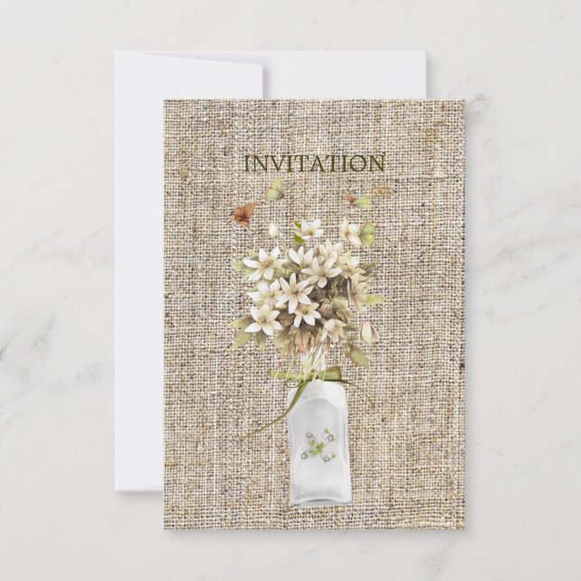 beige wildflower hippie bohemian burlap wedding invitation (Front)