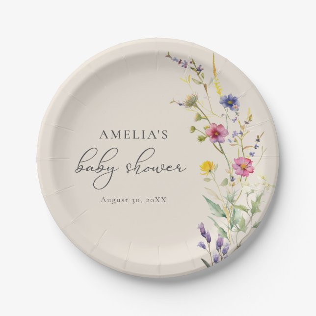 Beige Wildflower Spring Floral Baby Shower Paper Plate (Front)