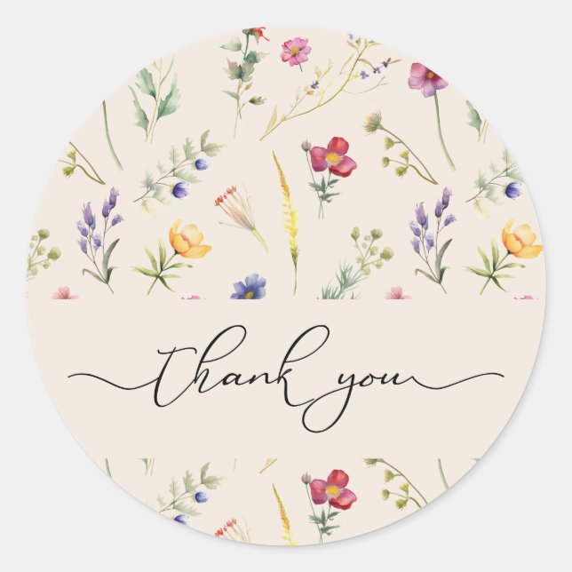 Beige Wildflower Spring Floral Thank You Classic Round Sticker (Front)