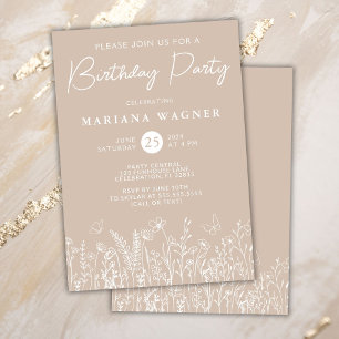 Beige Wildflowers Birthday Party Invitation