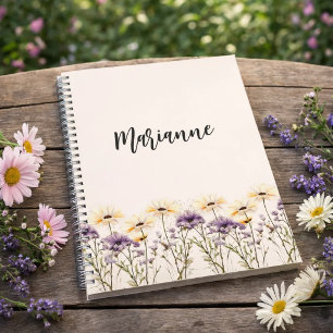 Beige wildflowers yellow custom name script notebook