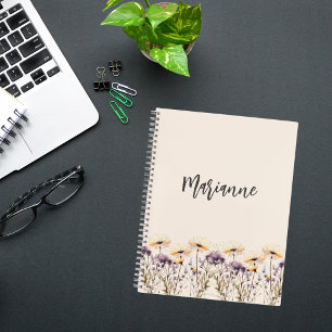 Beige wildflowers yellow custom name script notebook