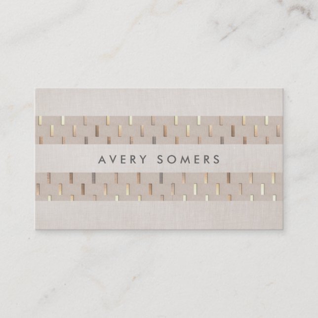 Beige with Gold Pattern Striped Faux Linen Business Card (Front)
