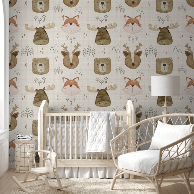 Beige Woodland Animal Wallpaper (Kids)
