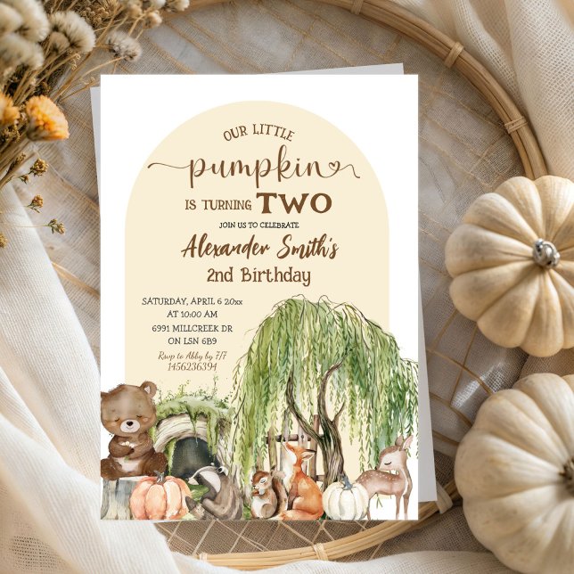 Beige Woodland Animals Little Pumpkin Boy Birthday Invitation (Creator Uploaded)