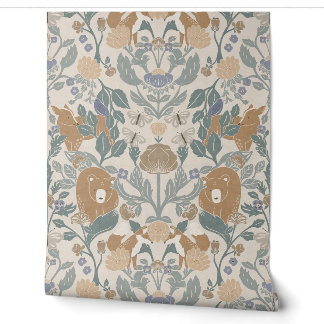 Beige Woodland Block Print Damask Wallpaper