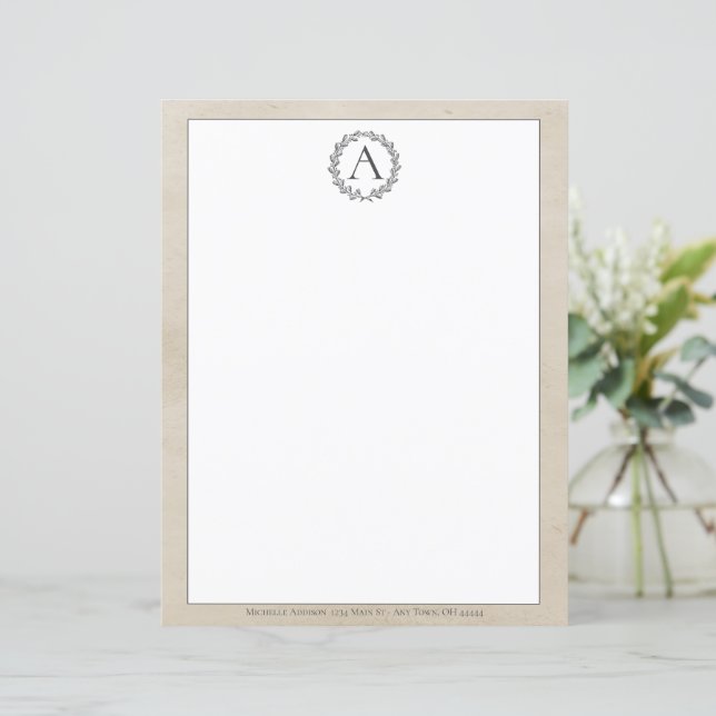 Beige Wreath Monogram Stationery (Standing Front)