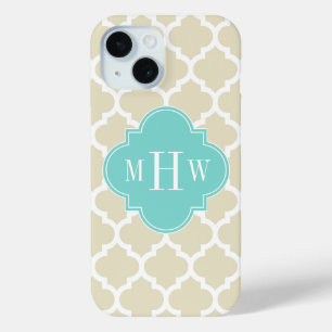 Beige, Wt Moroccan #5 Turquoise 3 Initial Monogram iPhone 15 Case