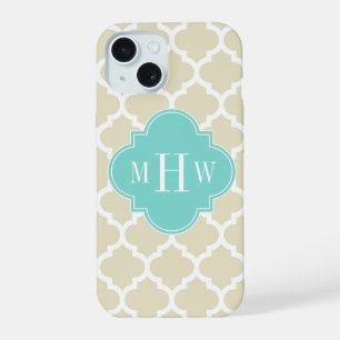Beige, Wt Moroccan #5 Turquoise 3 Initial Monogram iPhone 15 Case