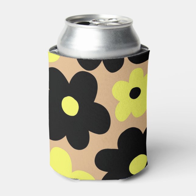 Beige Yellow Black Floral Elegant Floral  Can Cooler (Can Front)