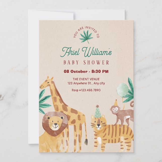 Beige zoo baby shower invitation (Front)
