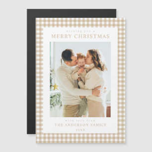 BeigeGingham Christmas Photo Magnetic Holiday Card