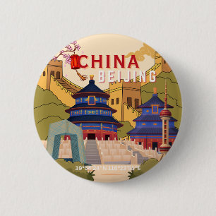 Beijing China Travel Poster Asian City Wall Art 6 Cm Round Badge