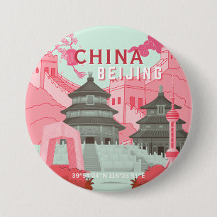 Beijing China Travel Poster Mint Green, Pink Art 7.5 Cm Round Badge