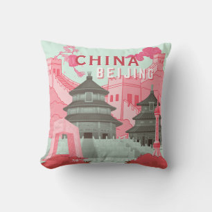 Beijing China Travel Poster Mint Green, Pink Art Cushion