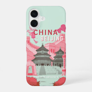 Beijing China Travel Poster Mint Green, Pink Art iPhone 16 Case