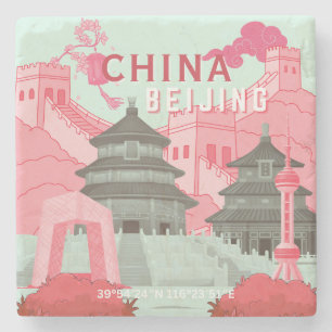 Beijing China Travel Poster Mint Green, Pink Art Stone Coaster