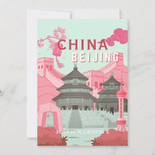 Beijing China Travel Poster Mint Green, Pink Art Thank You Card
