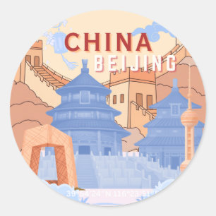 Beijing China Travel Poster Pastel Blue & Peach Classic Round Sticker