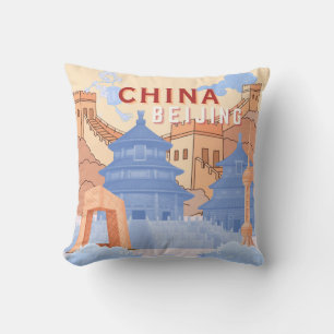 Beijing China Travel Poster Pastel Blue & Peach Cushion