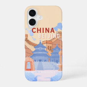 Beijing China Travel Poster Pastel Blue & Peach iPhone 16 Case